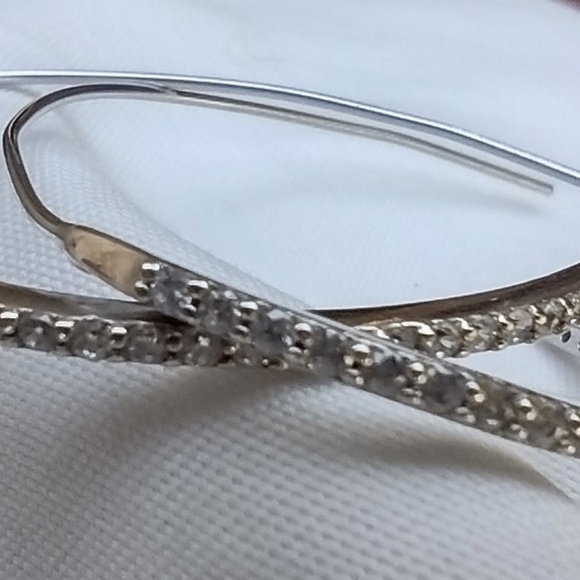 Silver Tone Super Skinny Lightweight Threader Hoop Earrings with CZ Accents - Picture 4 of 5